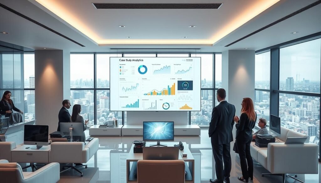 A modern office space with a large central display showcasing analytics dashboards and case study visuals. Soft, indirect lighting illuminates a sleek, minimalist workspace populated by various computing devices. In the foreground, a team of professionals in business attire examines the display, engaged in lively discussion. The middle ground features elegant furniture and subtle branding elements that suggest an innovative, technology-driven enterprise. The background reveals floor-to-ceiling windows offering a panoramic view of a bustling cityscape, underscoring the company's prominent position within the urban landscape. The overall atmosphere exudes a sense of collaborative productivity and data-driven decision making. A modern office space with a large central display showcasing analytics dashboards and case study visuals. Soft, indirect lighting illuminates a sleek, minimalist workspace populated by various computing devices. In the foreground, a team of professionals in business attire examines the display, engaged in lively discussion. The middle ground features elegant furniture and subtle branding elements that suggest an innovative, technology-driven enterprise. The background reveals floor-to-ceiling windows offering a panoramic view of a bustling cityscape, underscoring the company's prominent position within the urban landscape. The overall atmosphere exudes a sense of collaborative productivity and data-driven decision making.