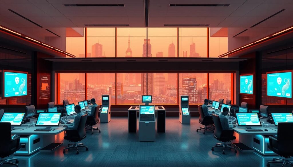 A modern, sleek customer support automation center with a team of intelligent AI agents. The foreground features rows of high-tech workstations and holographic displays, manned by helpful AI avatars in a clean, minimalist design. The middle ground showcases an array of intuitive self-service kiosks and knowledge base terminals, empowering customers to quickly resolve issues. In the background, a panoramic window overlooks a futuristic cityscape, bathed in warm, ambient lighting that creates a welcoming, efficient atmosphere. Subtle design cues and branding elements convey the innovative, customer-centric nature of Saski AI's solutions. A modern, sleek customer support automation center with a team of intelligent AI agents. The foreground features rows of high-tech workstations and holographic displays, manned by helpful AI avatars in a clean, minimalist design. The middle ground showcases an array of intuitive self-service kiosks and knowledge base terminals, empowering customers to quickly resolve issues. In the background, a panoramic window overlooks a futuristic cityscape, bathed in warm, ambient lighting that creates a welcoming, efficient atmosphere. Subtle design cues and branding elements convey the innovative, customer-centric nature of Saski AI's solutions.