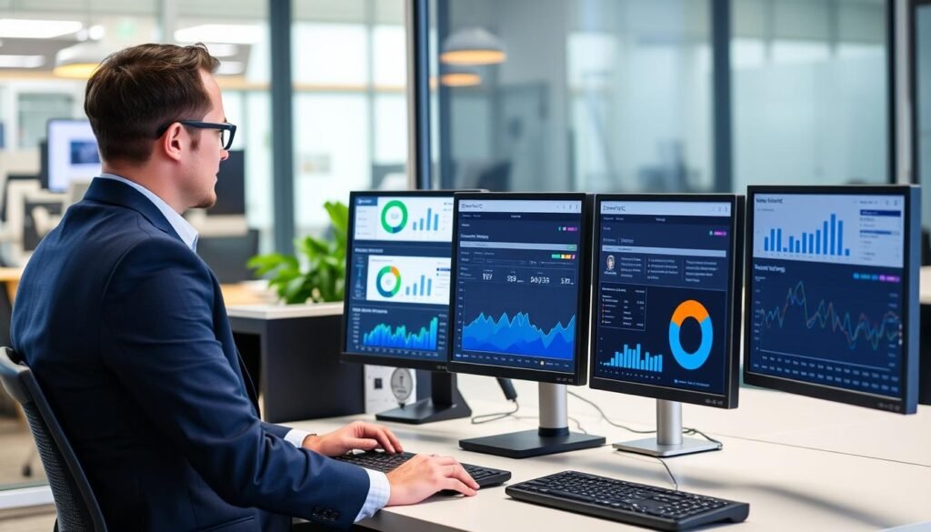 Business manager reviewing employee productivity with computer monitoring software Business manager reviewing employee productivity with computer monitoring software