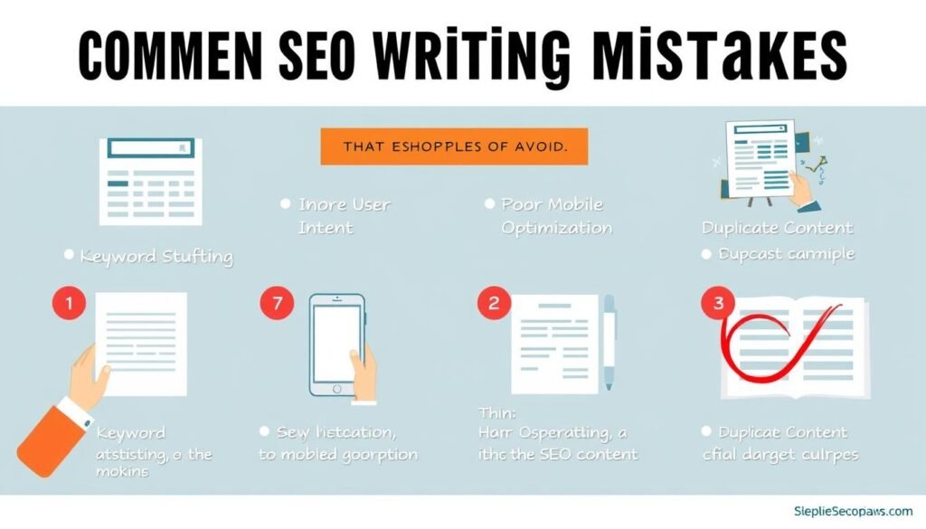 Common SEO writing mistakes illustrated with examples of what to avoid Common SEO writing mistakes illustrated with examples of what to avoid