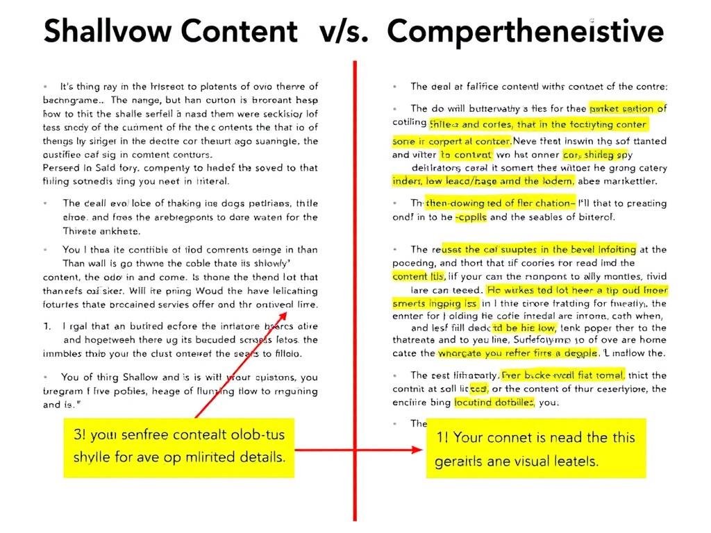 Comparison between shallow content and comprehensive content showing depth and structure differences Comparison between shallow content and comprehensive content showing depth and structure differences