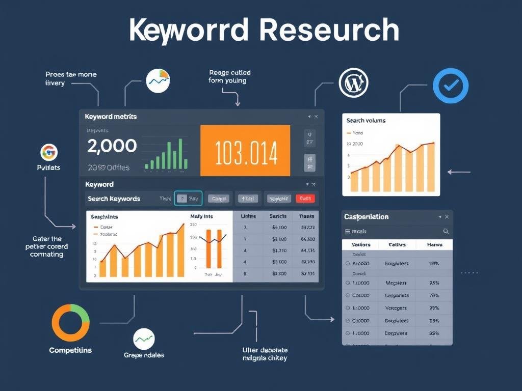 Keyword research process showing analytics tools and data visualization Keyword research process showing analytics tools and data visualization