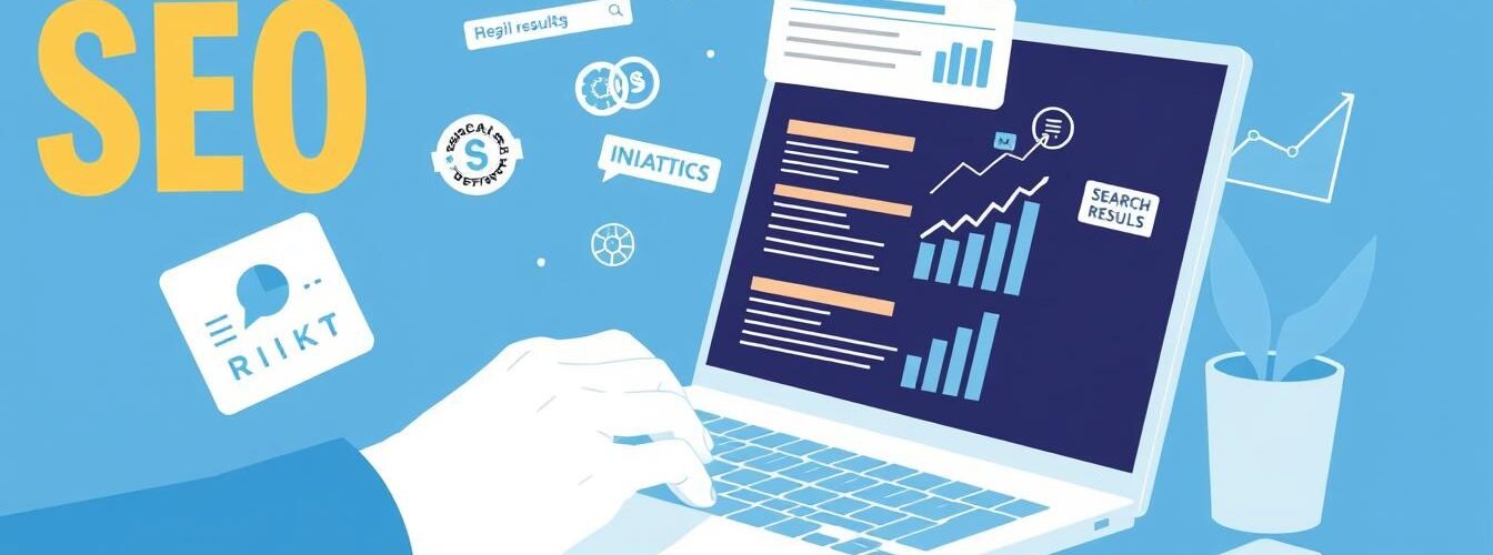SEO Writing concept showing a person typing on a laptop with SEO elements floating around the screen