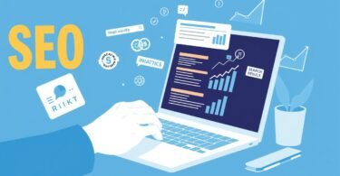 SEO Writing concept showing a person typing on a laptop with SEO elements floating around the screen