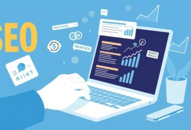 SEO Writing concept showing a person typing on a laptop with SEO elements floating around the screen
