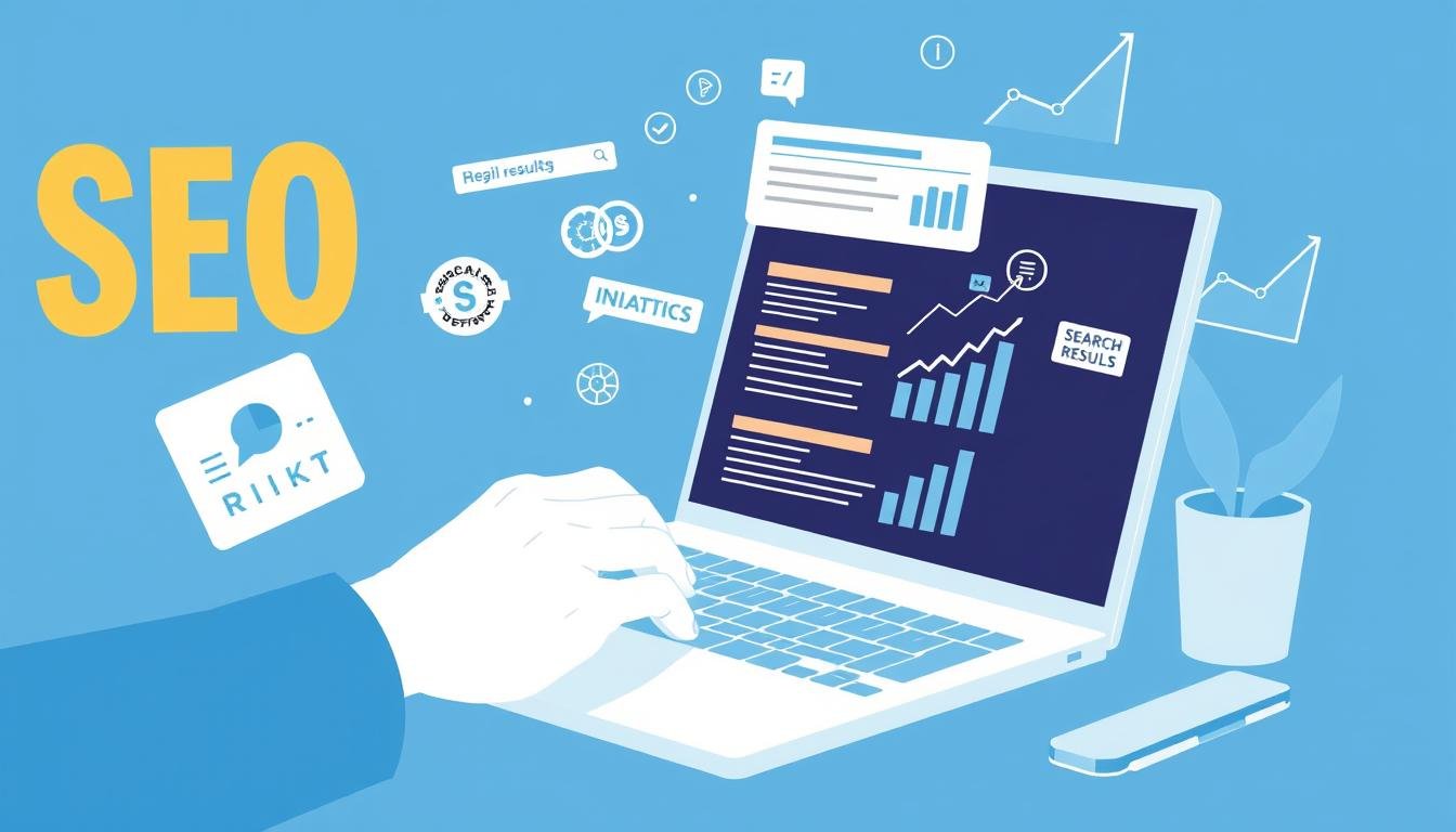 SEO Writing concept showing a person typing on a laptop with SEO elements floating around the screen