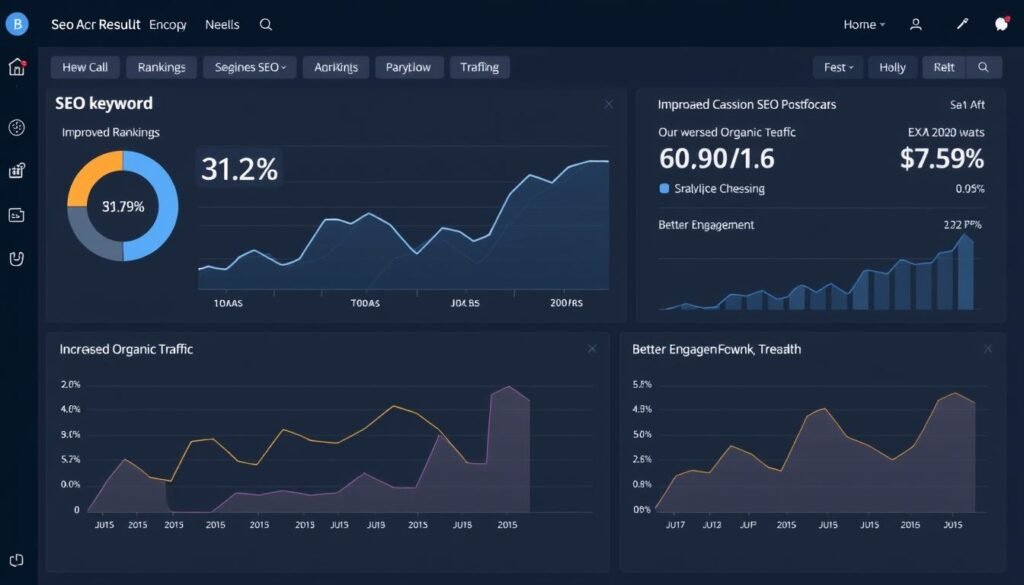 SEO writing success showing analytics dashboard with improved rankings and traffic SEO writing success showing analytics dashboard with improved rankings and traffic