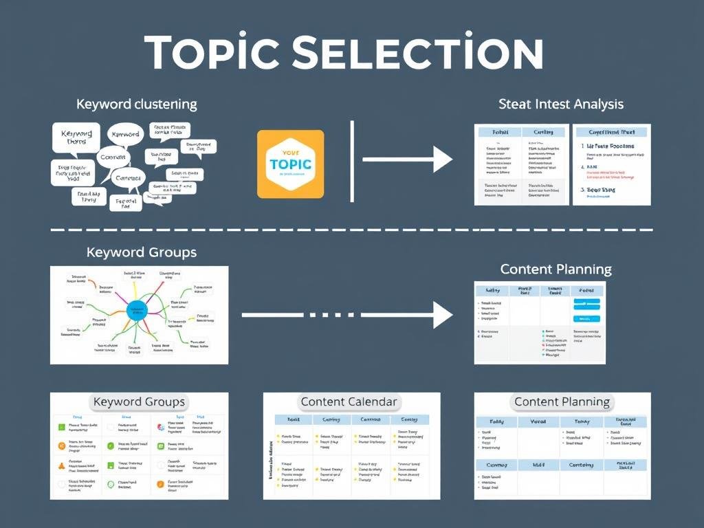Topic selection process showing keyword clustering and content planning Topic selection process showing keyword clustering and content planning