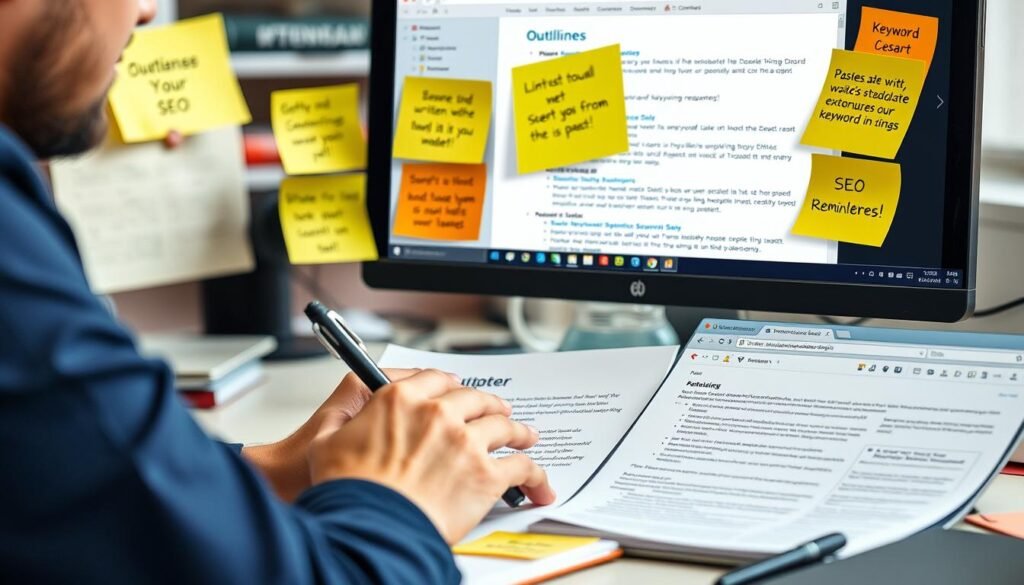 Writer creating SEO content showing draft process and keyword integration Writer creating SEO content showing draft process and keyword integration