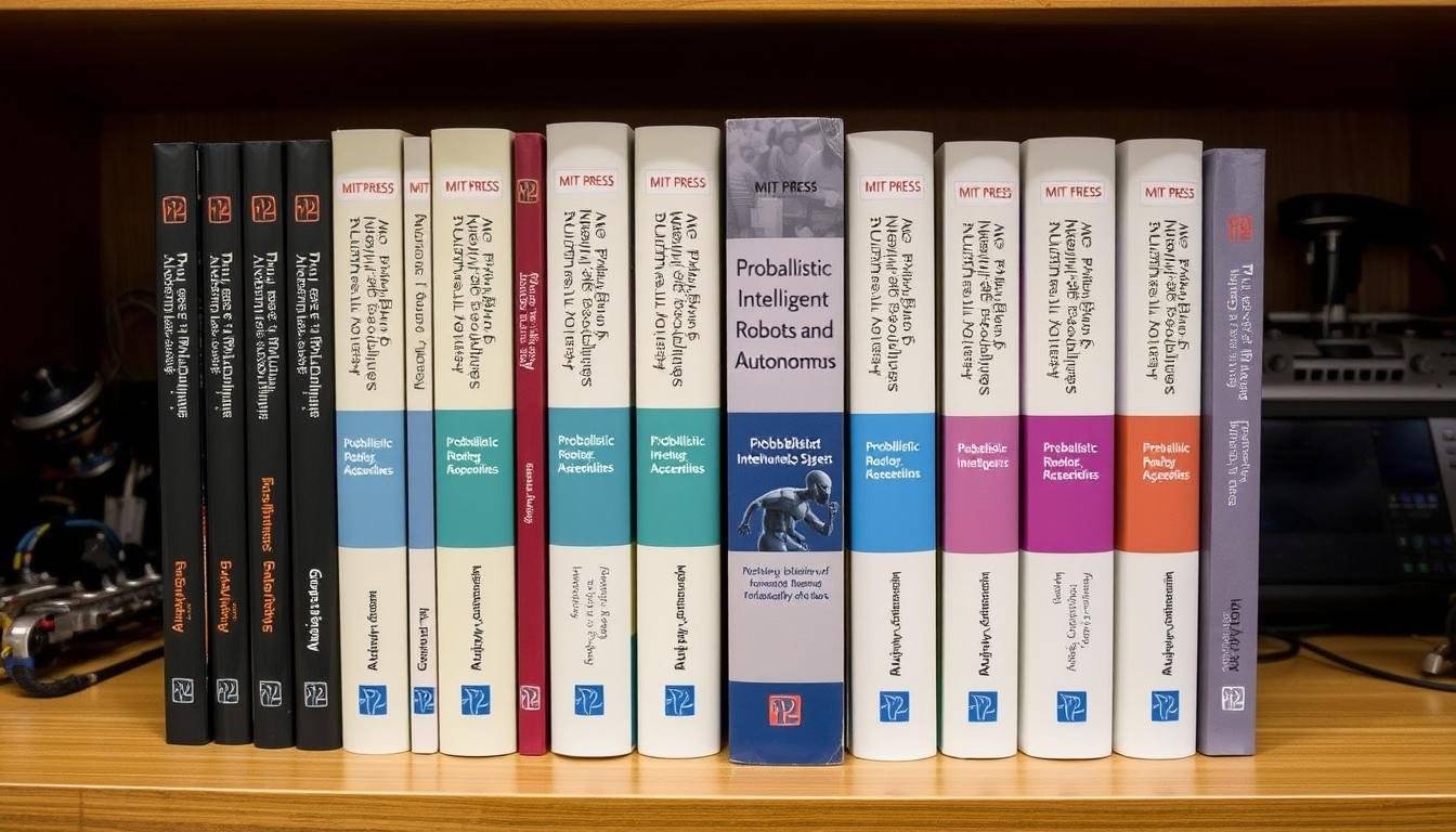 Collection of books from the Probabilistic Intelligent Robotics and Autonomous Agents series displayed on a bookshelf with robotic equipment in the background