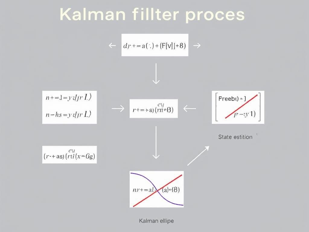 Diagram showing the Kalman filter process with mathematical equations and state prediction visualization Diagram showing the Kalman filter process with mathematical equations and state prediction visualization