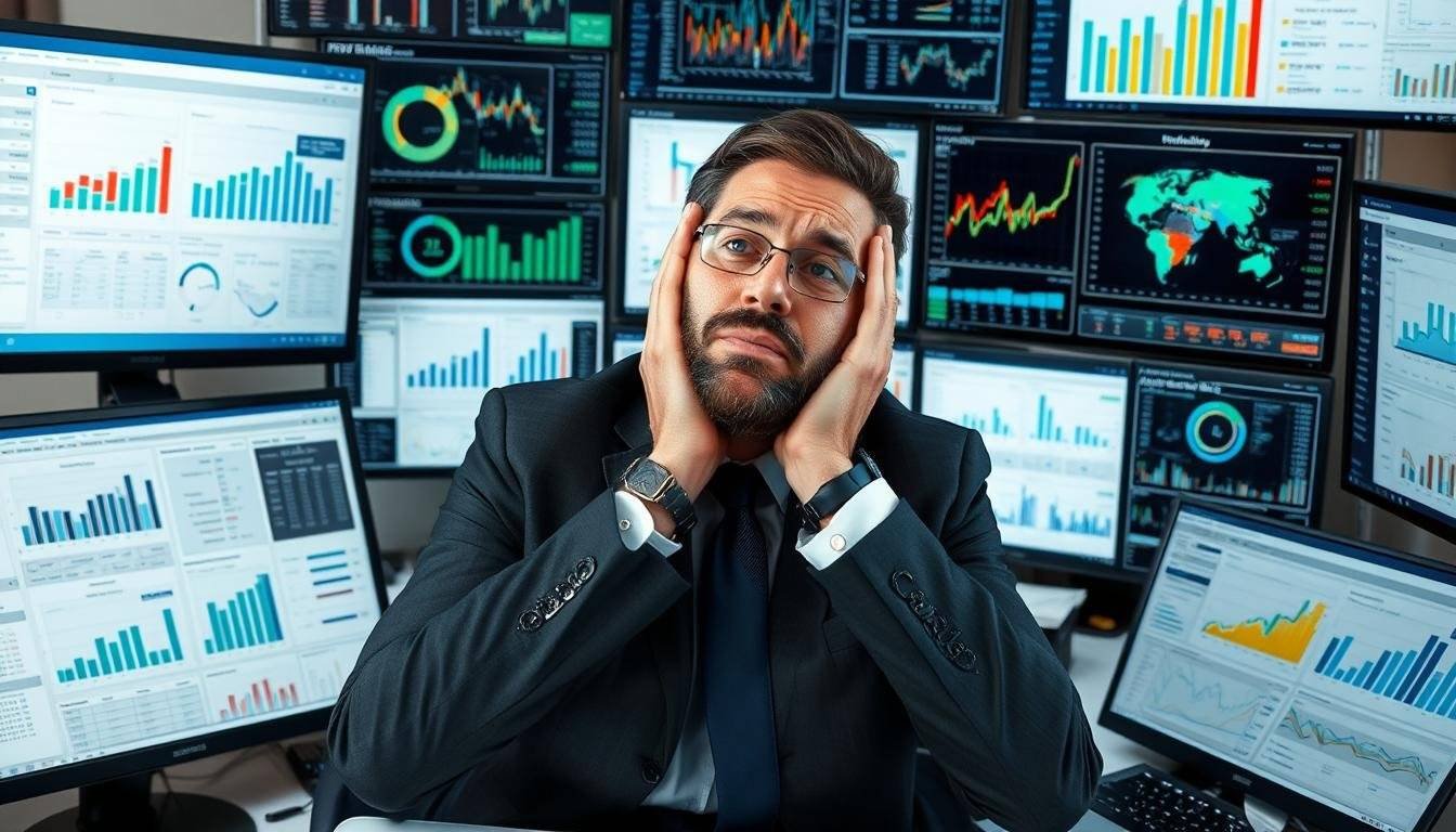 Finance professional buried in dashboards and reports