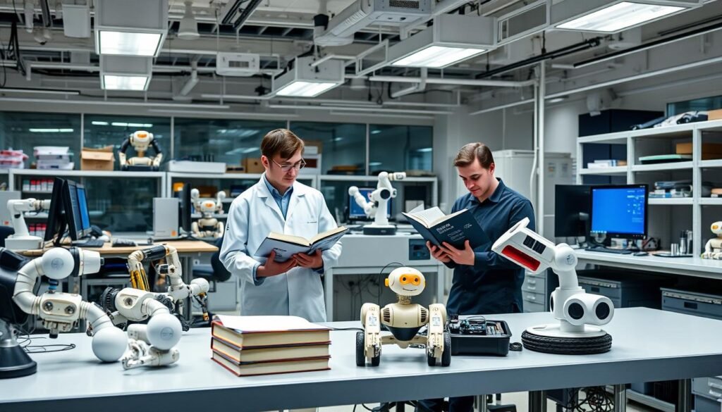 Modern robotics laboratory with researchers studying concepts from the Probabilistic Intelligent Robotics and Autonomous Agents series Modern robotics laboratory with researchers studying concepts from the Probabilistic Intelligent Robotics and Autonomous Agents series