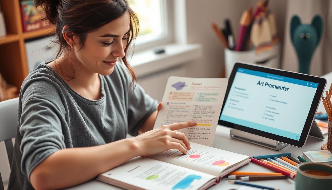 Person engaging with art therapy prompts from an art prompt generator