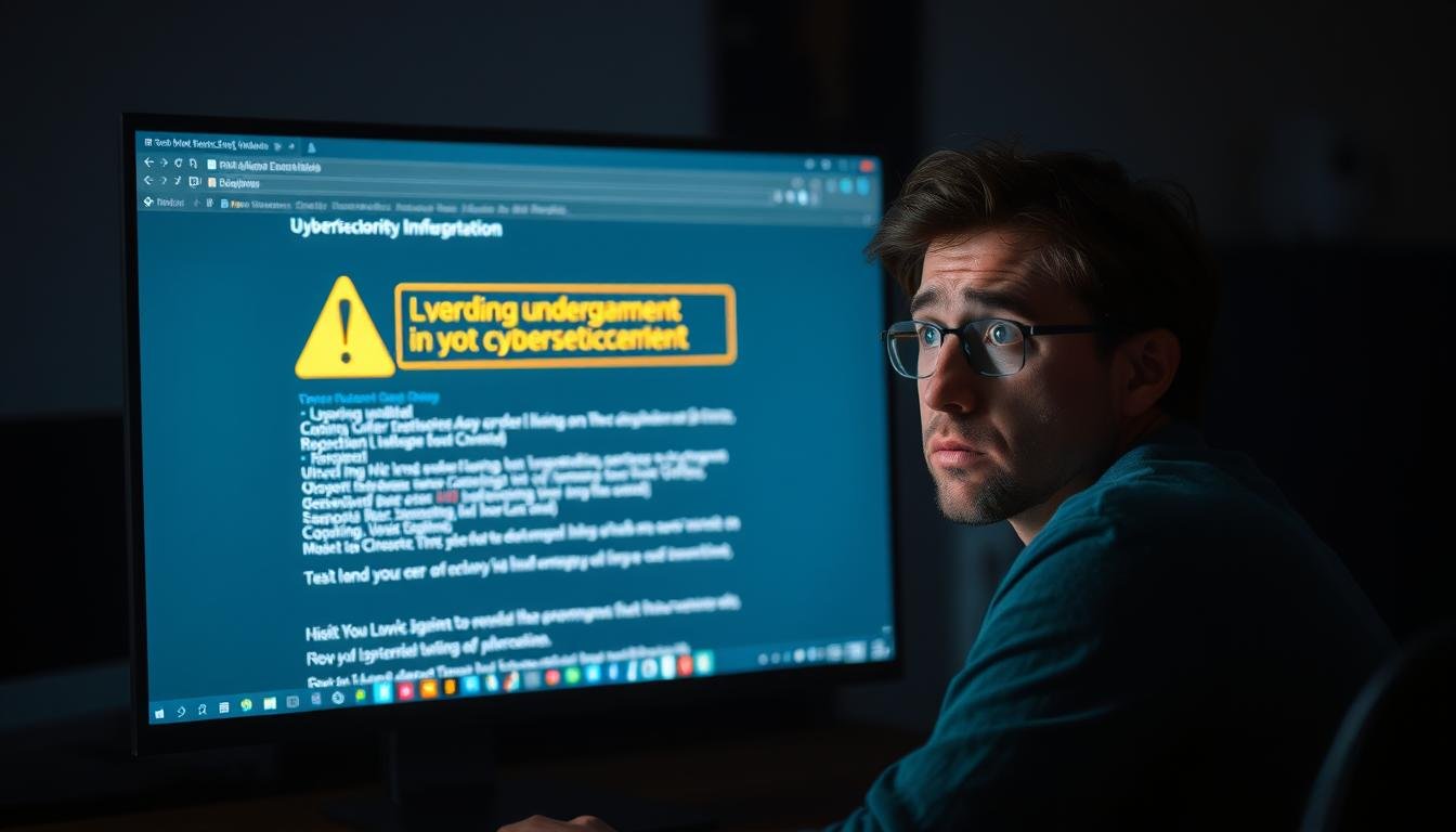 Person looking concerned at computer screen showing cybersecurity threat warning