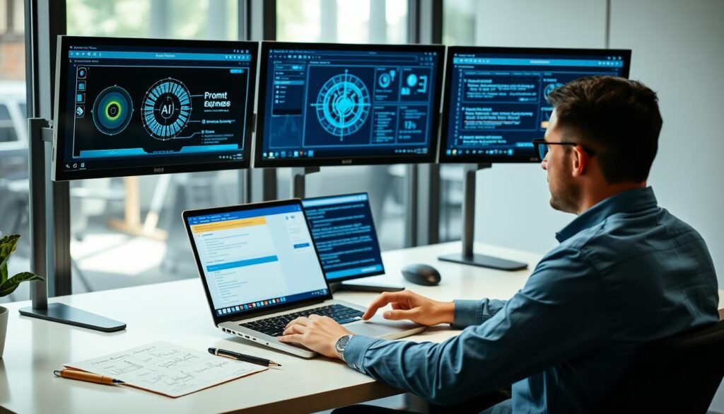 Person-using-prompt-engineering-techniques-on-a-laptop-with-AI-generated-content-displayed-on-1024x585 Prompt Engineering for Generative AI: Book Review & Essential Guide