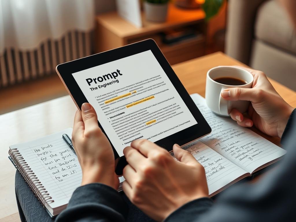 Reader-studying-the-Prompt-Engineering-for-Generative-AI-ebook-with-notes-and-highlighted Prompt Engineering for Generative AI: Book Review & Essential Guide