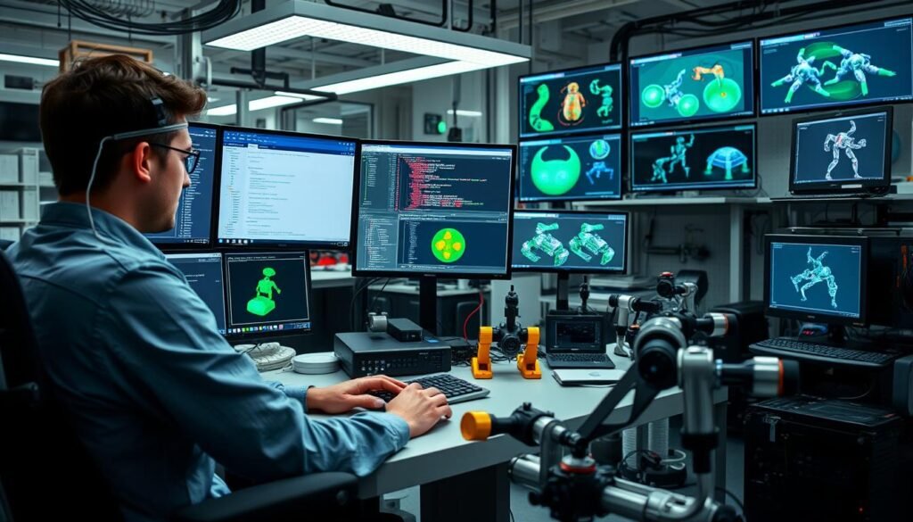 Robotics researcher working with probabilistic algorithms on multiple screens Robotics researcher working with probabilistic algorithms on multiple screens