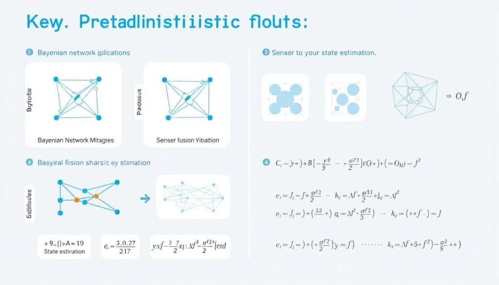 Visual representation of probabilistic robotics concepts showing Bayesian networks and sensor fusion diagrams Visual representation of probabilistic robotics concepts showing Bayesian networks and sensor fusion diagrams