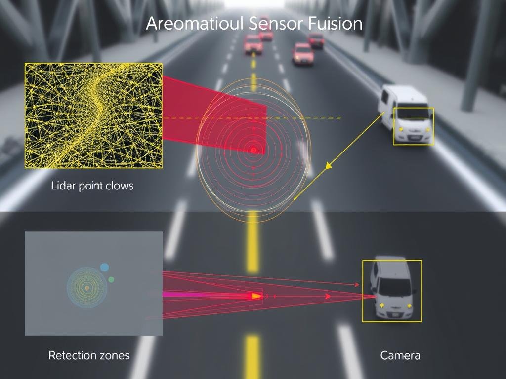 Visualization of sensor fusion in autonomous vehicles combining lidar, radar, and camera data Visualization of sensor fusion in autonomous vehicles combining lidar, radar, and camera data